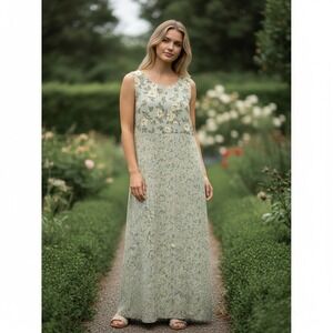 VTG Judith Hart Collection Sage Green Floral Maxi Dress Sleeveless Sz 16 Chiffon